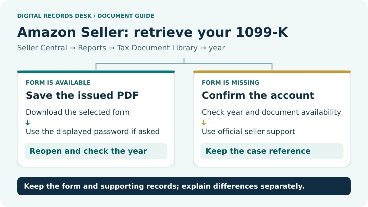Amazon Seller 1099-K: Account — Correct business — Primary access; Library — Reports — Tax documents; Year — Select form year — Download PDF; Verify — Issuer and name — Original saved