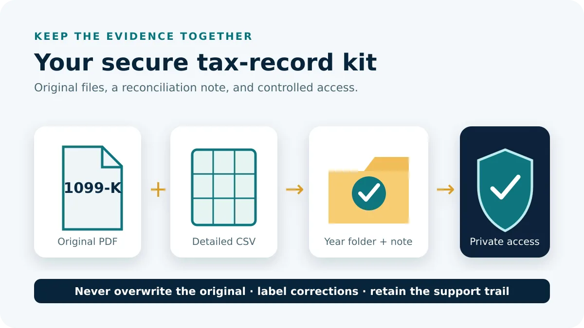 Check the Dasher record package: Identity — Recipient — Masked identifier; Period — Printed year — Payout dates; Version — Original kept — Corrections logged; Delivery — Needed files — Secure channel