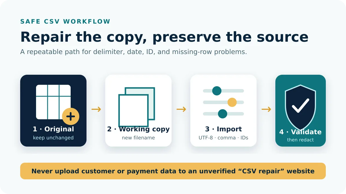 Safe CSV workflow from untouched original to validated and redacted working copy